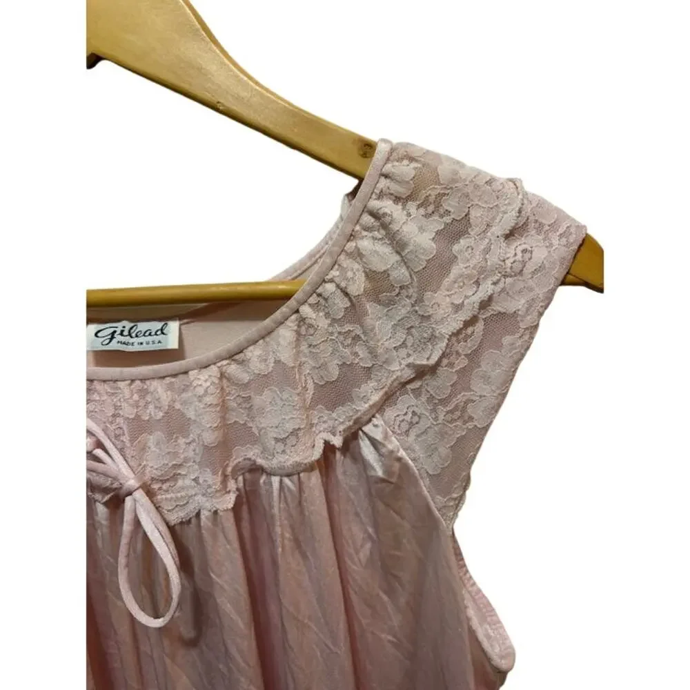 Vintage nightgown 60s Gilead nylon flowy lacy pink sz Medium sheer - Picture 3 of 7